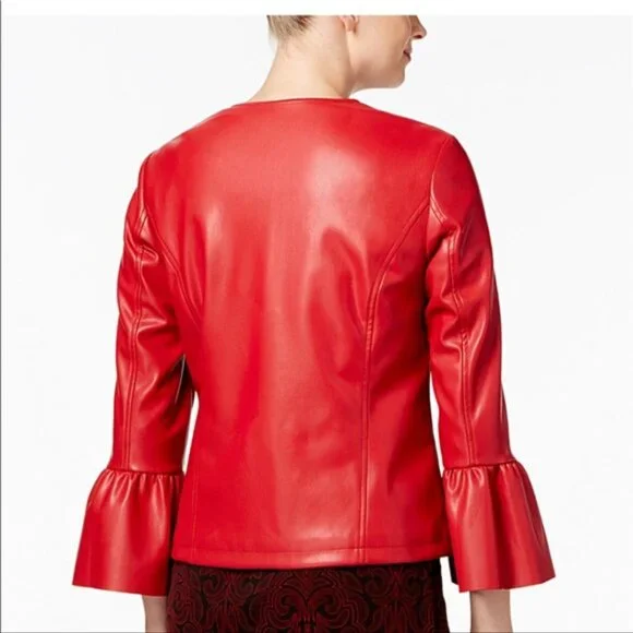 Red Faux Leather Pleather Jacket Collarless Ruffle Sleeve Alfani Petite Medium - Picture 9 of 10